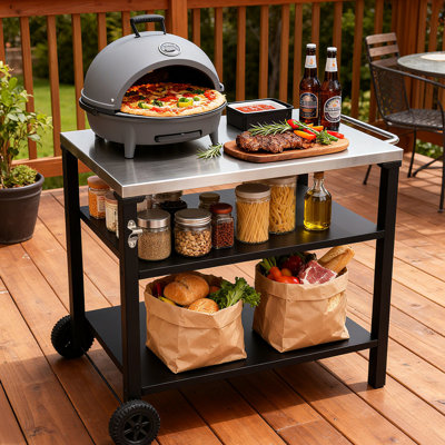 Chariot de barbecue extérieur à 3 niveaux avec plateau en acier inoxydable, table de préparation de barbecue mobile sur roulettes, barre de service pour la terrasse et la cour arrière, support de four à pizza en noir, construction, grand rangement, stable