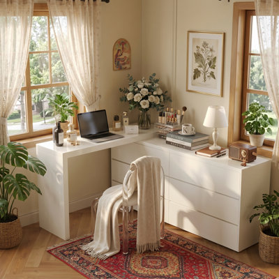 Cream Vanity Extendable Vanity Table with 6 Drawers Modern Home Fully Assembled