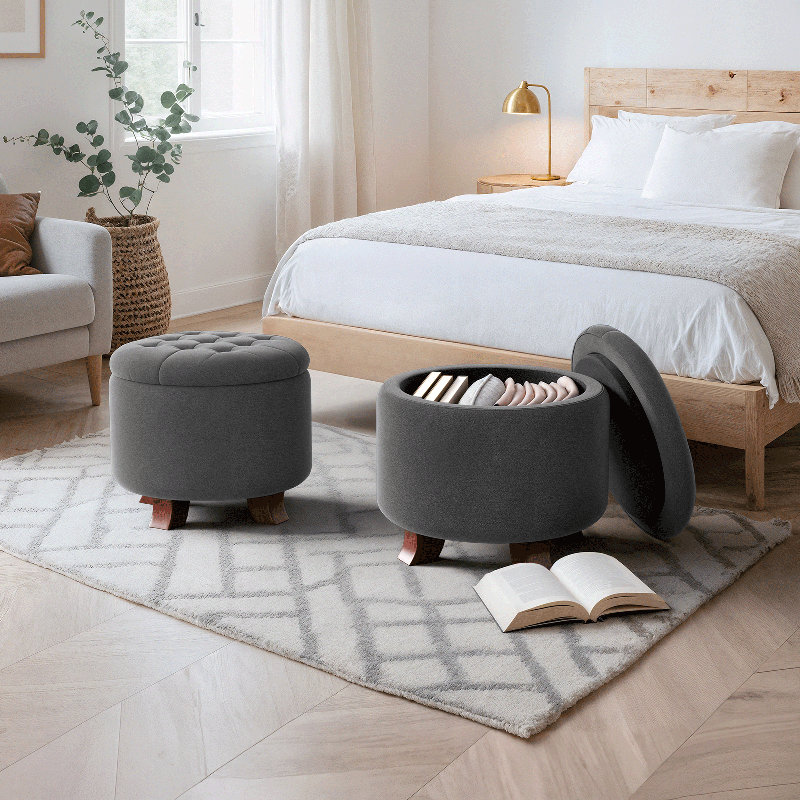Upholstered Storage Ottoman Bench, Tufted Ottoman Footrest Round Footstool Foot Rest for Living Room, Dark Gray