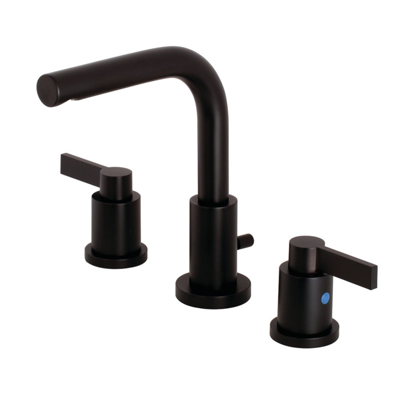 Kingston Brass NuvoFusion Two-Handle 3-Hole Deck Mount Widespread Bathroom Faucet with Brass Pop-Up Drain, Matte Black