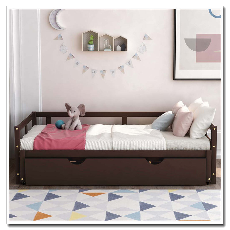Lit de jour extensible avec couchette, lit de jour en bois avec couchette, Espresso