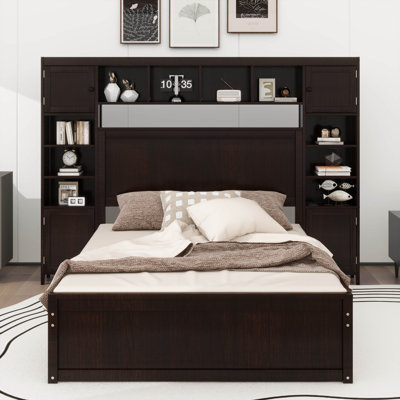 Wooden Bed With All-In-One Cabinet, Shelf And Sockets,and Trundle