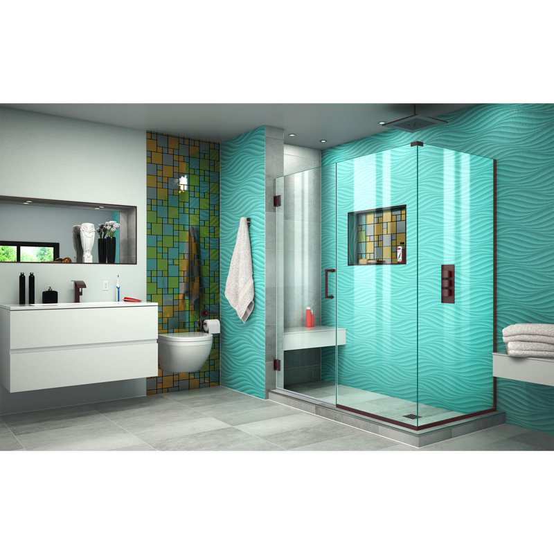 Unidoor Plus 48" W x 34.375" D x 72" H Frameless Pivot Rectangle Shower Enclosure with Fixed Panel, Oil Rubbed Bronze