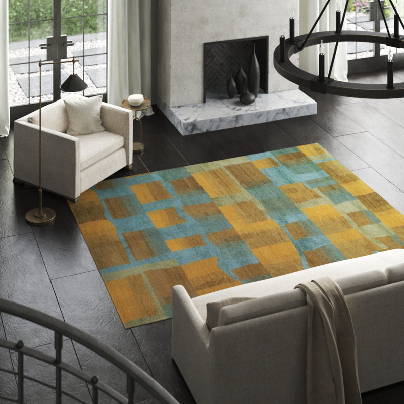Eva H Geometric Area Rug in Blue/Brown/Gold, Rectangle 6' x 9'