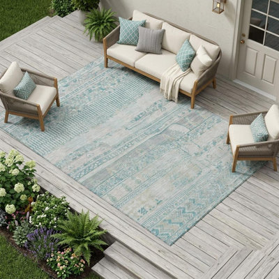 Tapis extérieur lavable rayé bleu sarcelle et gris 10 pi x 14 pi