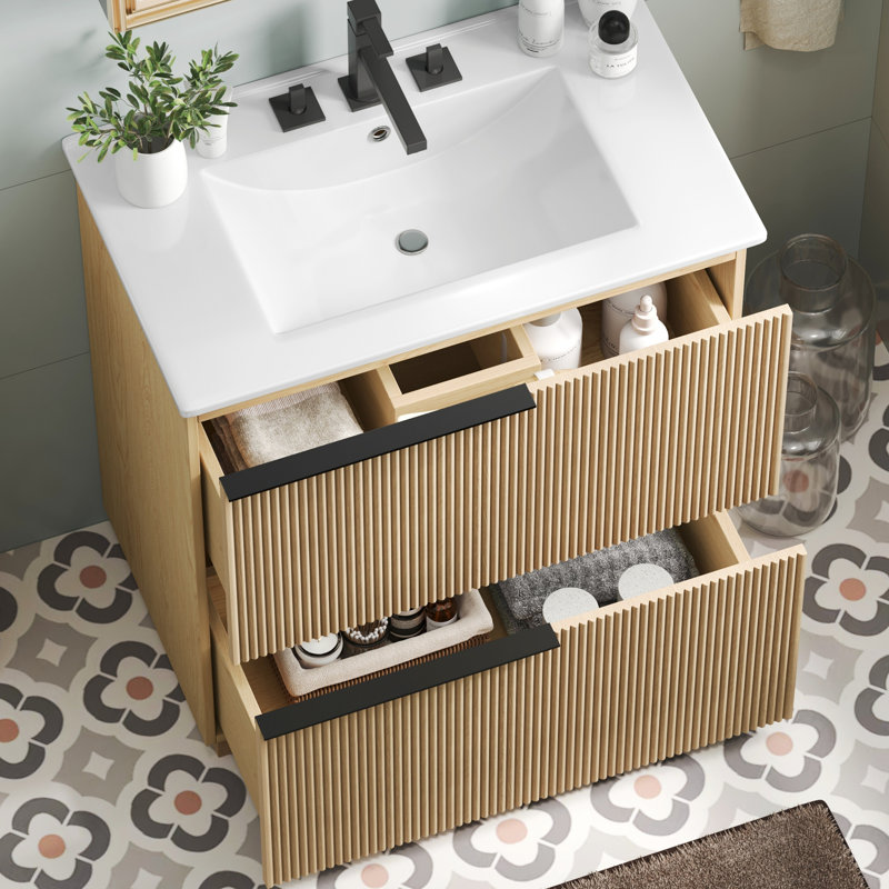 30" Bathroom Vanity with Ceramic Sink and Full-Extension Drawers, Natural