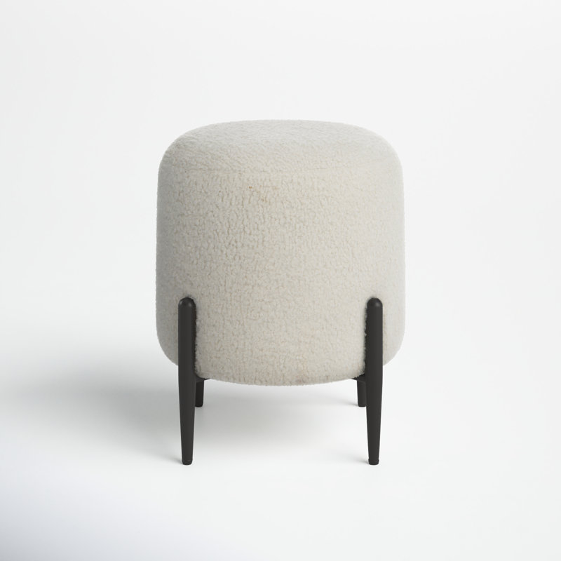 White Faux Shearling Round Ottoman with Black Metal Legs