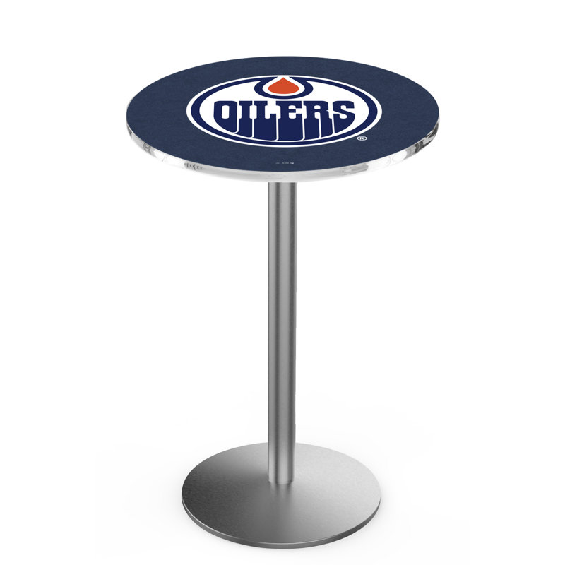 NHL Round Metal Base Dining Table, Edmonton Oilers, Stainless Steel