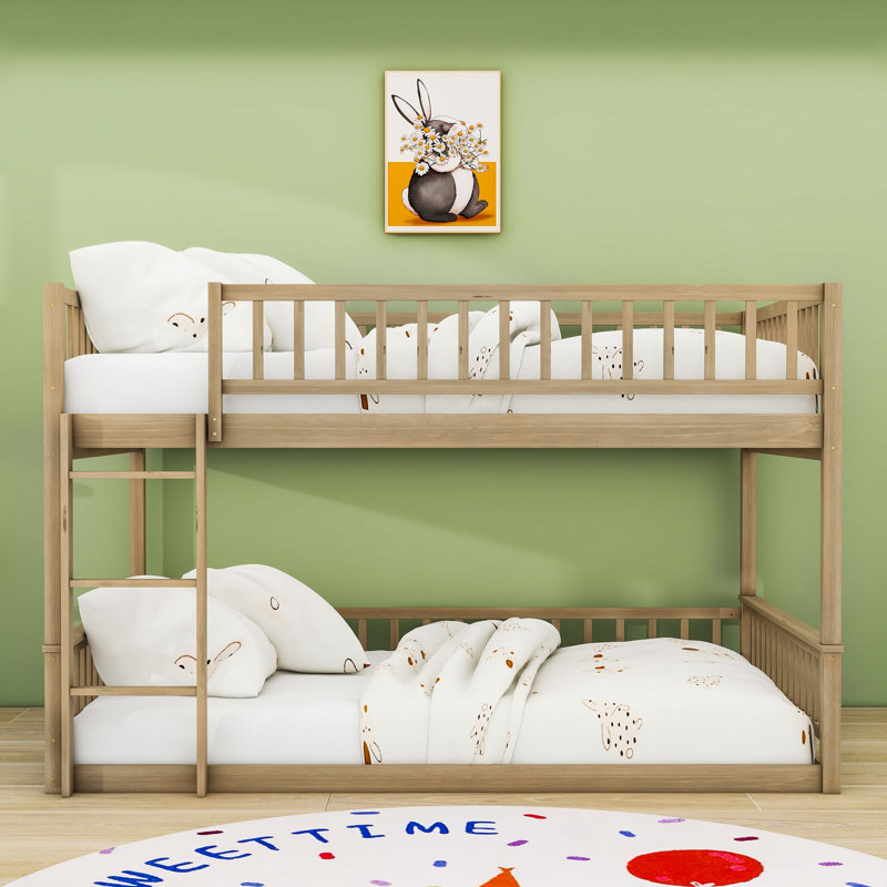 Queen Over Queen Wooden Bunk Bed With Ladder And Slats, Walnut