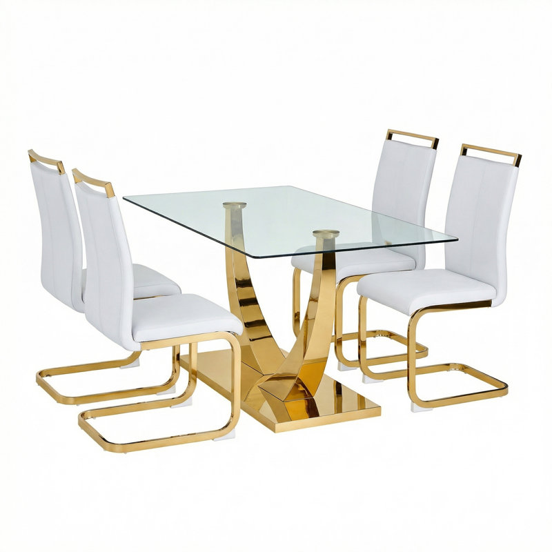 5-7-Piece Modern Rectangular Tempered Glass Dining Set with Metal Base and Faux Leather Chairs, White