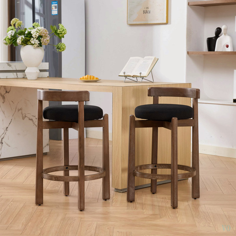 Ensemble de 2 tabourets de comptoir pivotants, tabourets de bar de style Mid-Century moderne avec dossier, hauteur de siège de 26 pouces, structure en bois massif, chaises de bar rembourrées en lin doux avec repose-pieds, idéal pour un îlot de cuisine