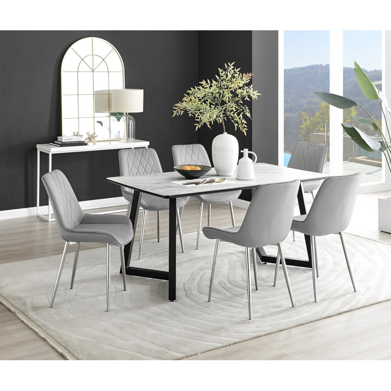 Industrial Design White & Grey Marble Effect Melamine Dining Table Set with 6 Luxury Velvet Chairs, Grey/Silver