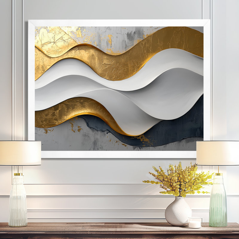 Oplis vagues abstraites d'introspection en or et blanc VI - art mural abstrait de vagues modernes pour le salon, Blanc
