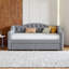 Lit de jour double rembourré avec lumières DEL, rangement gigogne et structure en bois - gris-804309867-805229662