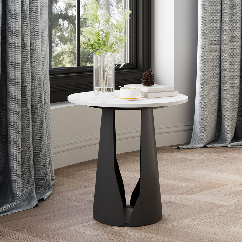 Table d'appoint ronde moderne 17,32 po, table de bout en pierre frittée moderne, base en métal, blanc et noir, Noir
