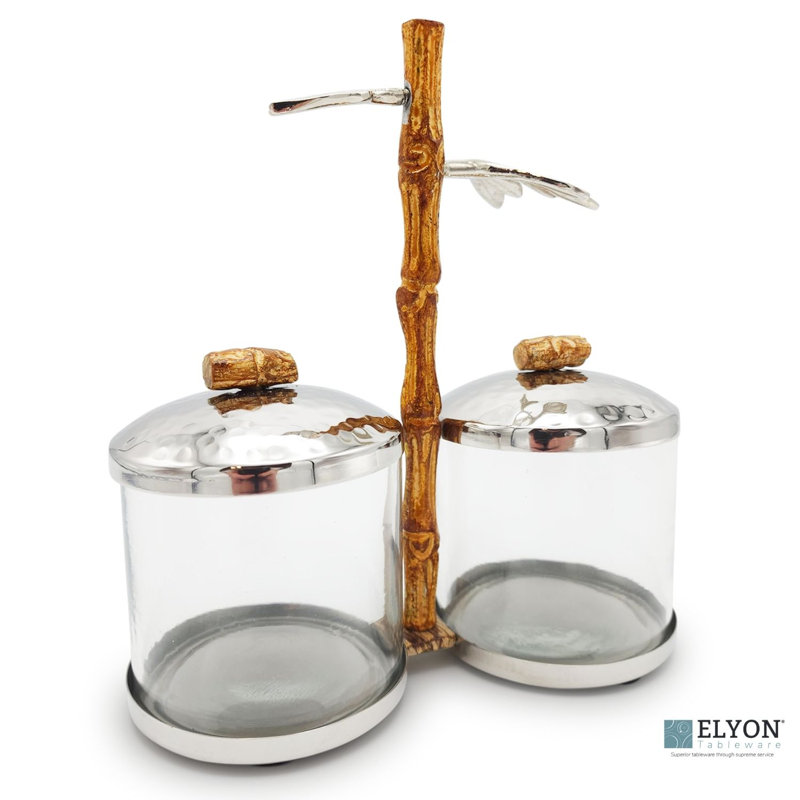 Elyon Stainless Steel and Glass Condiment Server with Bamboo Handle