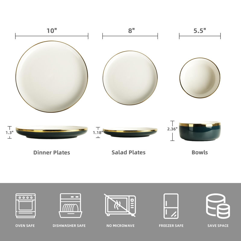 Green and White Porcelain Dinnerware Set with Gold Rim, Service for 4