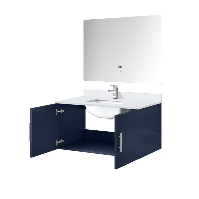 36 po L x P 22 po. Meuble-lavabo bleu marine avec comptoir en quartz blanc, robinet et miroir à DEL - surface de bain durable résistante aux rayures, pour une fonctionnalité prolongée