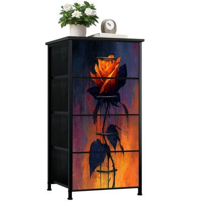 Commode pour la chambre à coucher avec 4 tiroirs de rangement Fiery Orange Rose Feuilles foncées Abstrait Commode grunge Commode en tissu avec cadre en acier pour vestibule