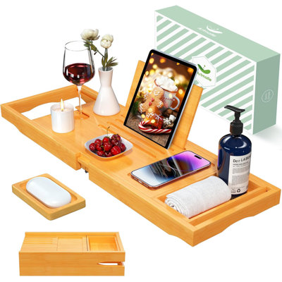 Foldable Bathtub Tray For Tub, Bamboo Bathtub Caddy Tray Table With Book Stand For Luxury Bath, Bathroom Accessories For Women Men With Free Soap Dish (Semi-Simple, Natural) (Natural)