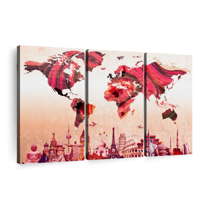 Carte du monde en or rose 3 pièces, H 32 po x l 50 po x P 1,25 po