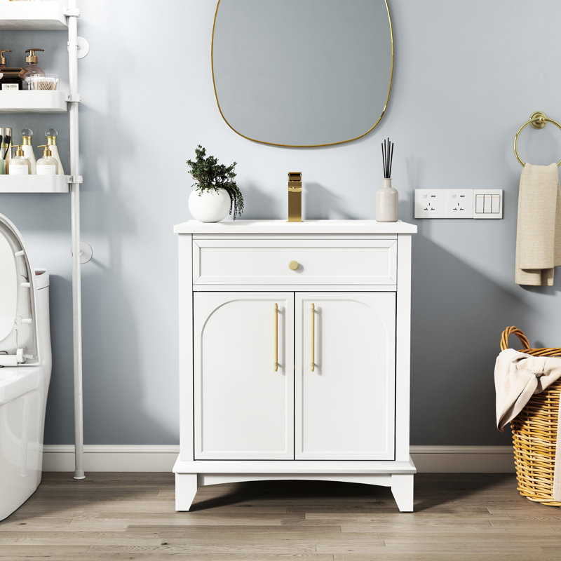 Meuble-lavabo moderne de 70,6 cm (27,8 po) avec finition peinte, style milieu du siècle, en bois massif blanc, avec tiroirs et rangements, lavabo intégré, lavabo résistant aux chocs, meuble-lavabo autoportant facile à installer, résistant à l'usure et facile à monter.