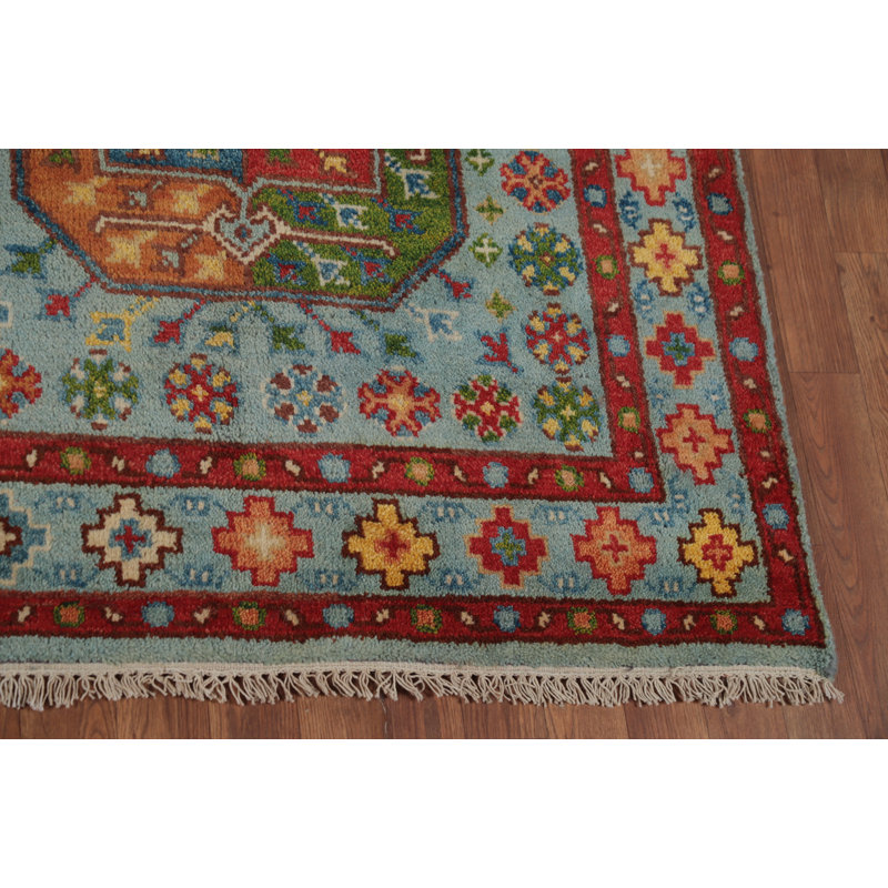 Tapis bleu indien à motif géométrique traditionnel 7 x 10
