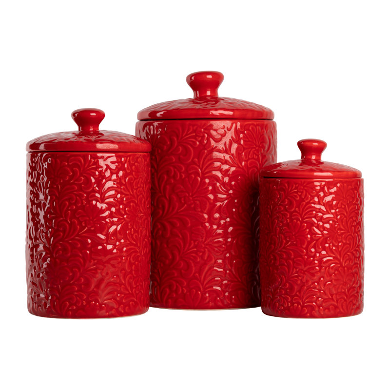Ensemble de pots de cuisine embossés 3 pièces Fleur, Rouge