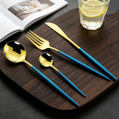 Ensemble de service de couverts 48 pièces, ensemble de couverts en acier inoxydable pour 12 personnes, ensemble de couverts moderne élégant en or bleu, vaisselle allant au lave-vaisselle pour la fête, Noël et un usage quotidien