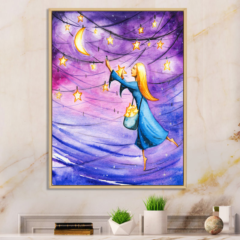 Magical Night With Skies - Art mural pour enfants, décoration sur toile, H 32 po x l 16 po x P 1 po, Cadre naturel flottant