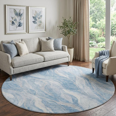 8' Blue And Ivory Abstract Washable Round Rug With UV Protection