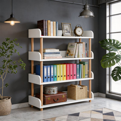 4-Tier Wooden Open Bookcase, Solid Wood Frame, Warm White
