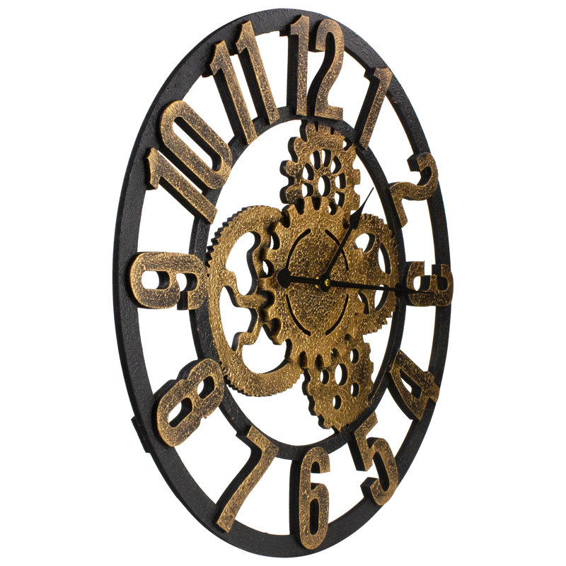 24" Gold and Black Round Wall Clock with Mechanical Cogs