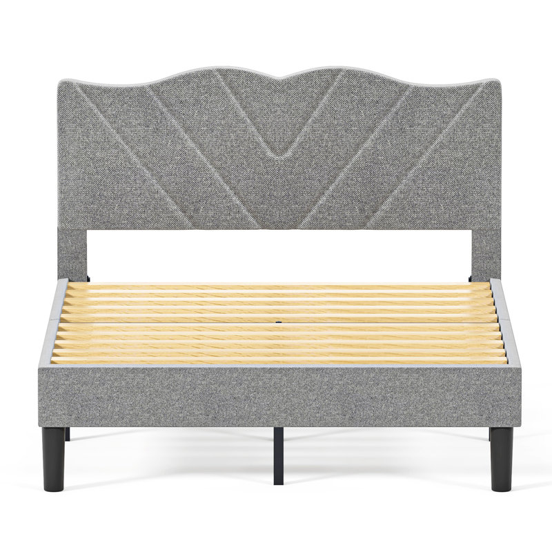 Structure de lit double avec tête de lit tapissier et lattes en bois massif, gris - aucun sommier requis, assemblage facile, utilisation robuste et bois requis, combinaison de métal