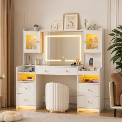 Menicia 61.6" Makeup Vanity Desk with Lighted Mirror, Tempered Glass Top, Power Outlet, 4 Drawers, and RGB Lighted Cabinet