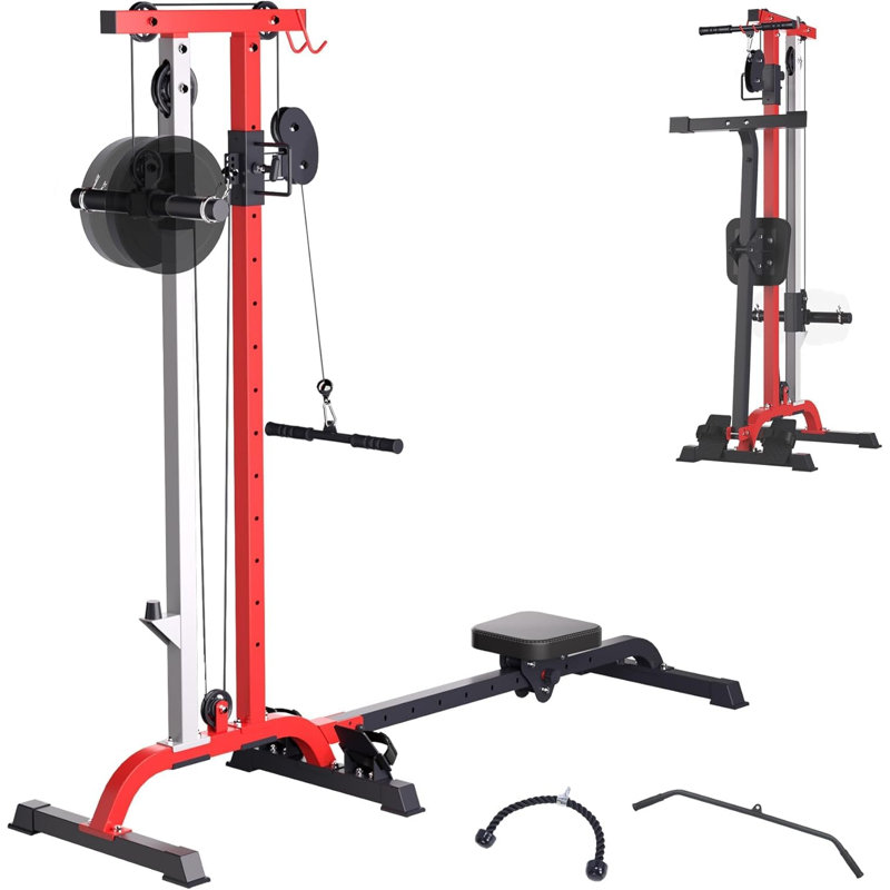 2-in-1 Rowing & LAT Pull Down Cable Machine – Adjustable Resistance – High/Low Pulley System – Compact Multi-Function Strength Training – Black & Red