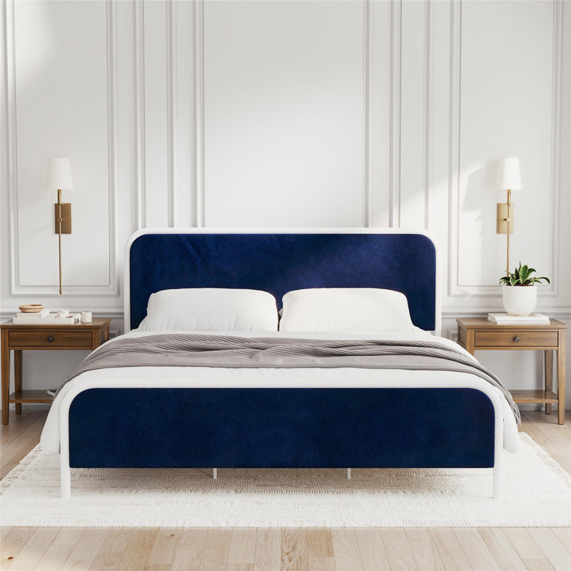 Tallulah Platform Bed Frame with Upholstered Headboard, Navy, King