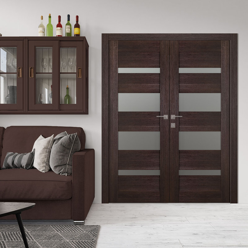 Vona 56" Brown Veralinga Oak Composite 5-Lite Frosted Glass Prehung Interior French Door
