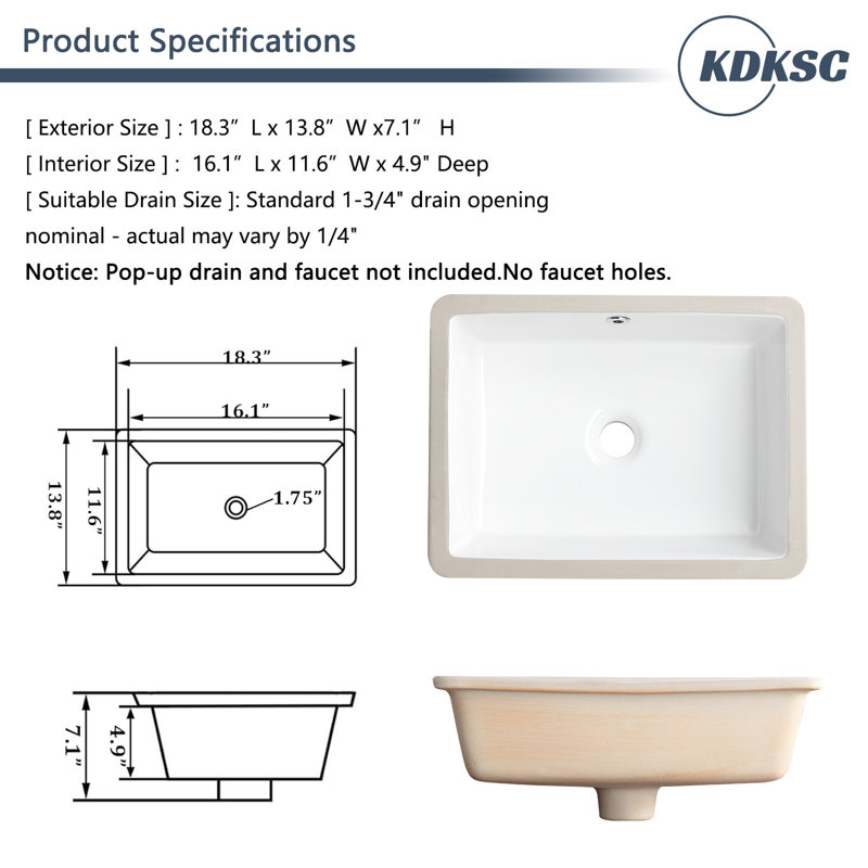 18.3" X 13.8" Undermount Bathroom Sink White Ceramic Rectangular Bathroom Sink Modern Vanity Sink with Overflow