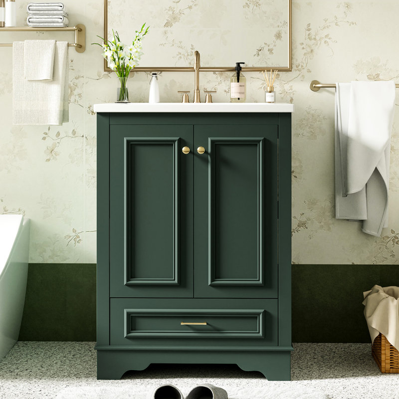 Meuble-lavabo de 61 cm avec lavabo en céramique, structure de rangement moderne et poignées argentées, tiroir spacieux