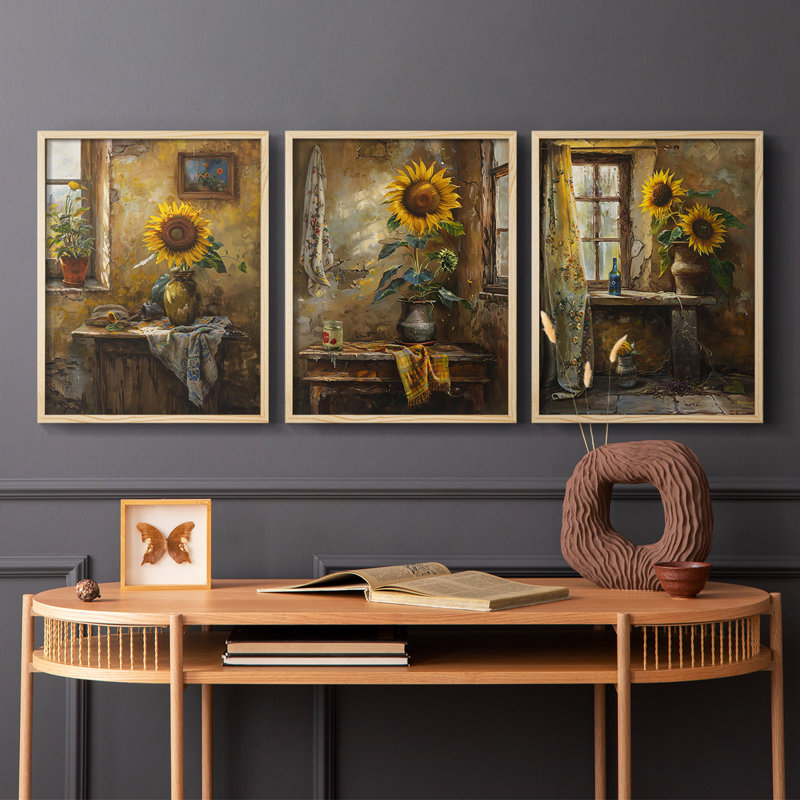 Floral Study  Series  CLXIX  -Set Of 3 Framed Giclee Prints -Ready to Hang, 10" H x 8" W, Natural Framed