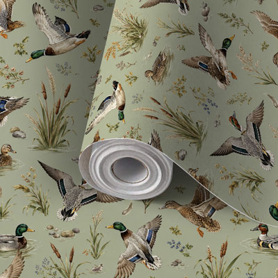 Peel and Stick Wallpaper Contact Paper Mallard Ducks Flight Marsh Sage Green Self Adhesive and Removable 24in x 118in(60x300cm)