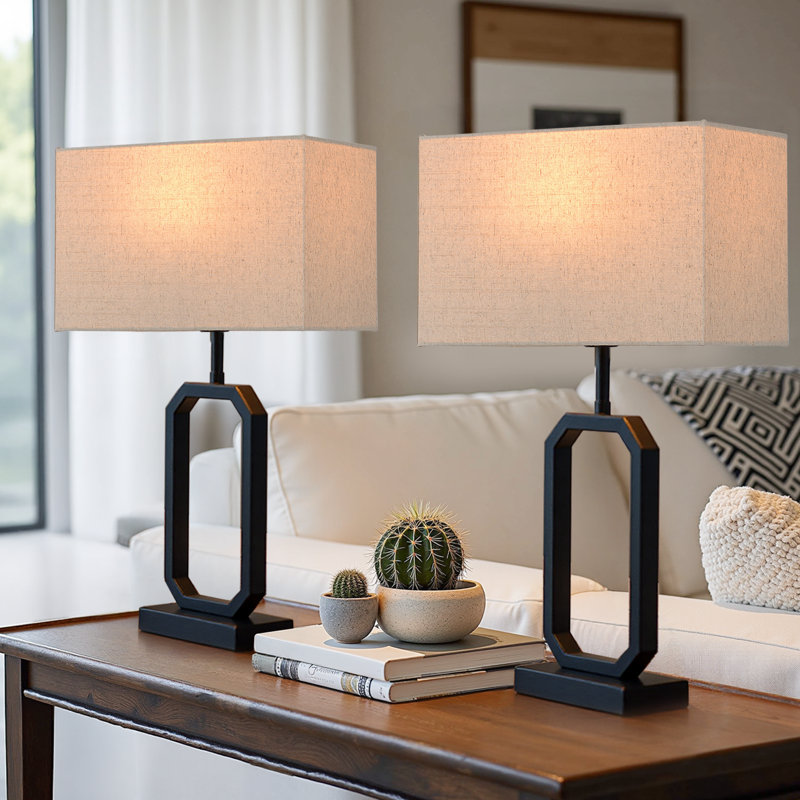 2 Piece, 21'' Black Table Lamp Set with Square Linen Shade