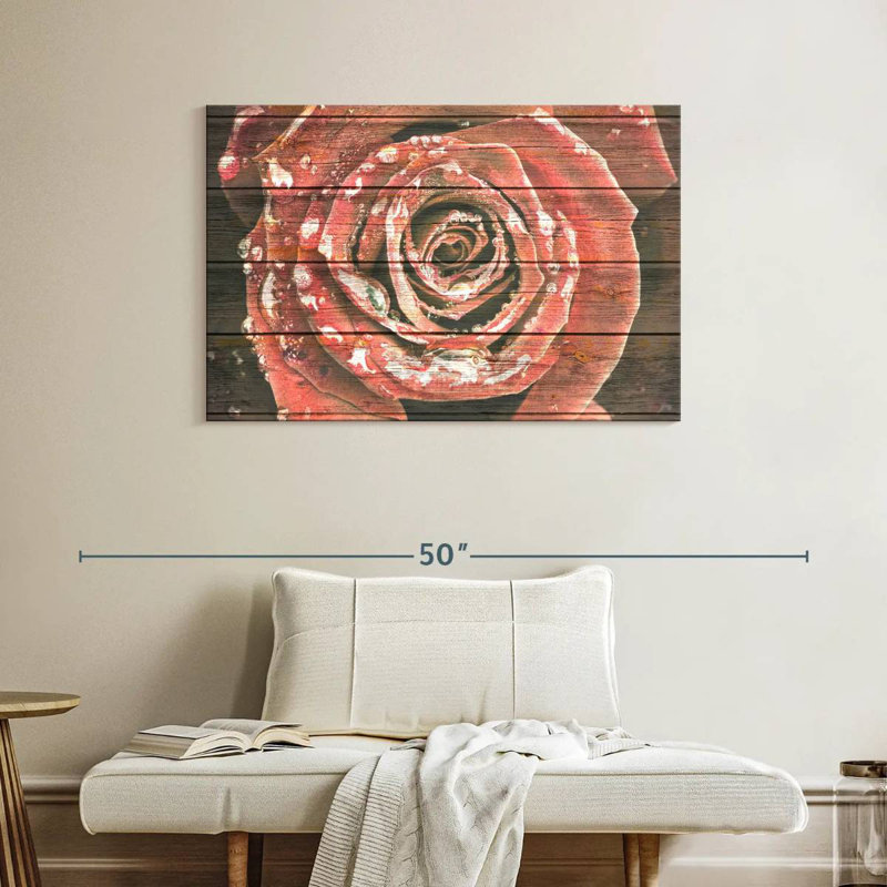 Harnek rose rouge sur bois, H 26 po x l 39 po