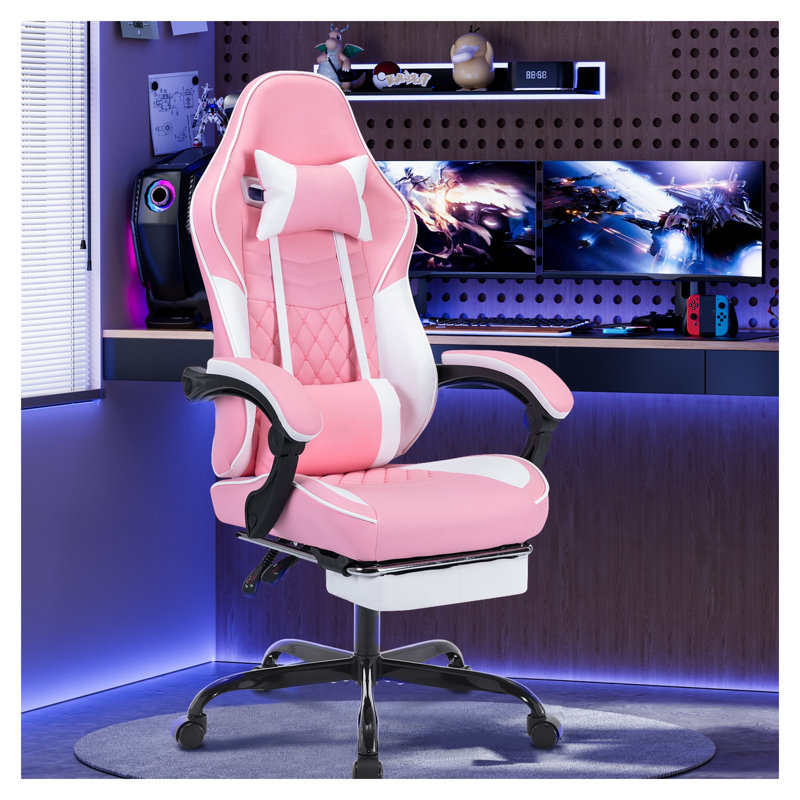 Ergonomic Gaming Chair with Pocket Spring Cushion, Pink and White Leather Computer Seat