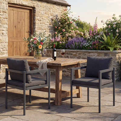 Chaise de salle à manger d'extérieur, ensemble de 2 chaises de patio avec cadre en aluminium toutes saisons avec coussins en tissu gris