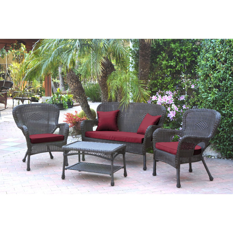 Bellas 4 Piece Sofa Set with Cushions, Red, Espresso