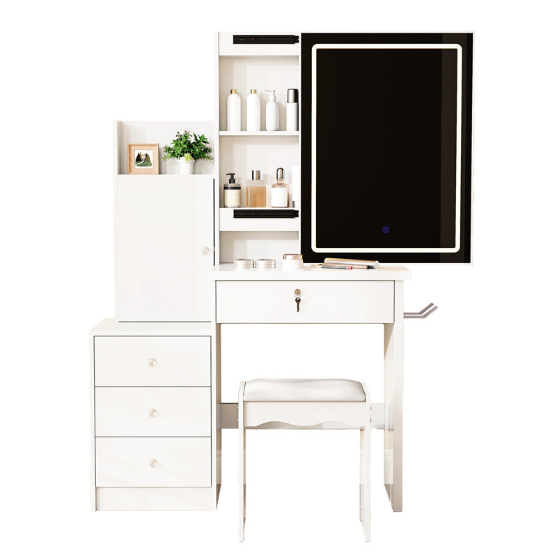 Bureau blanc avec miroir coulissant, 4 tiroirs, 9 espaces de rangement, compartiments cachés et tabouret rembourré. Miroir à DEL avec gradation continue de trois options de couleur. Hub d'alimentation intégré 2 prises CA, 1 type