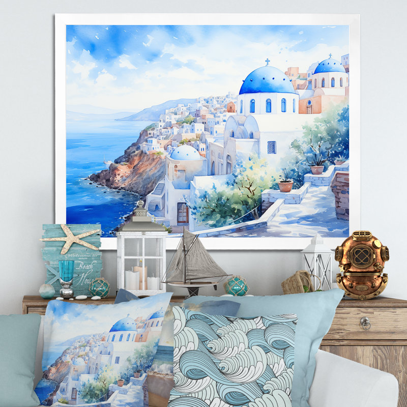 Art mural bleu et blanc Santorini Village II - Grèce, Cadre de coin blanc fermé, H 30 po x l 40 po x P 1,5 po