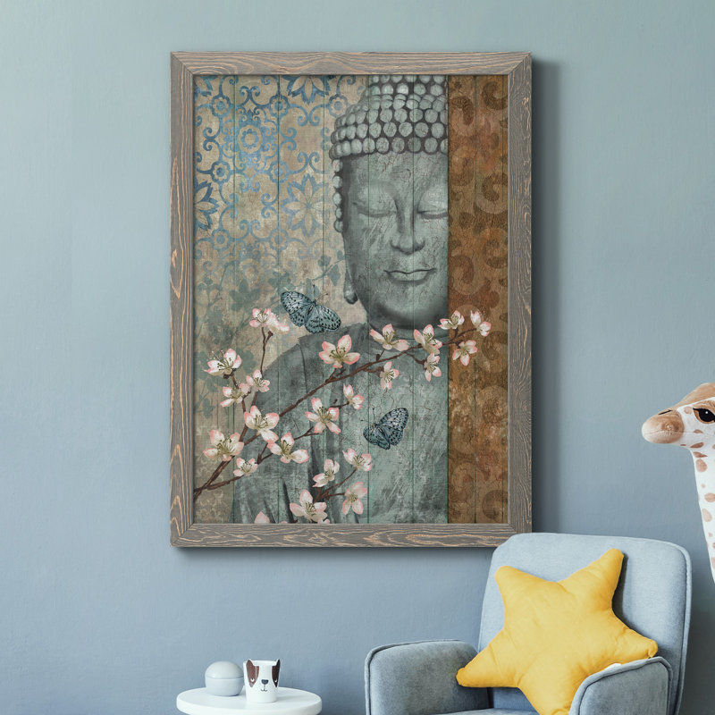 Bouddha - Peinture sur toile avec cadre flottant, H 44 po x l 31 po x P 1 po, Toile avec cadre gris